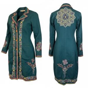 Johnny Was Green Mandala Embroidered Jacket Coat Long Boho Festival Small Hippie